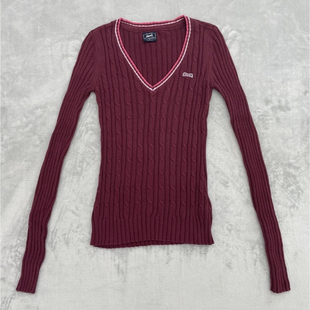 Le Tigre Womens Cable Knit V-Neck Sweater Small Burgundy Logo